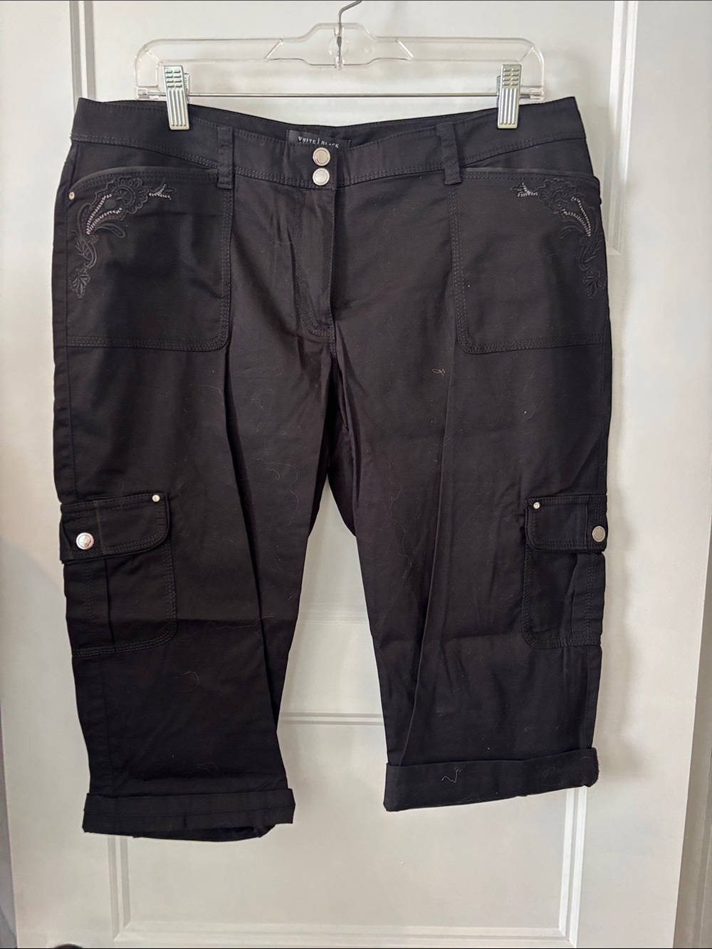White House Black Market Black Cargo Capri Shorts with Embroidered Pockets